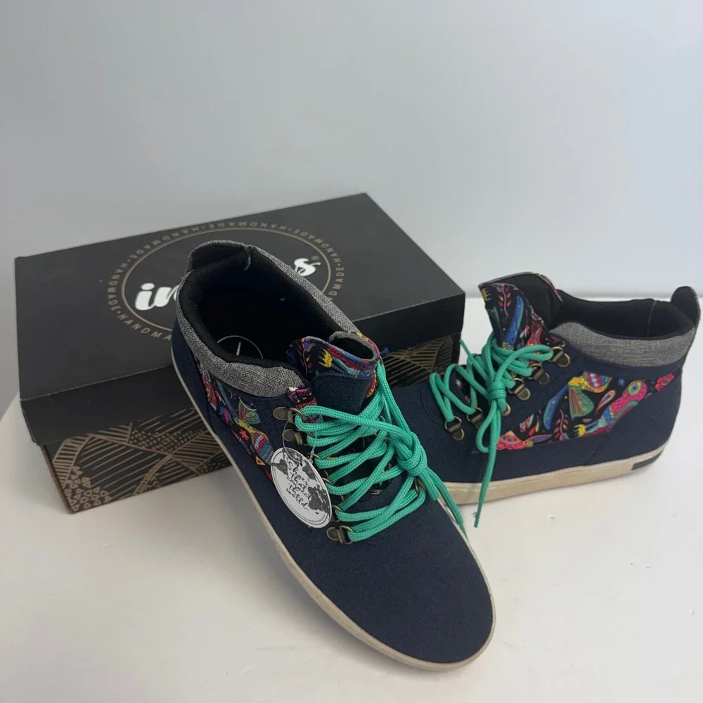 Inkkas Zocalo Camping Boot Mens 11‎ Navy Blue Canvas Bird Print SS210522 New